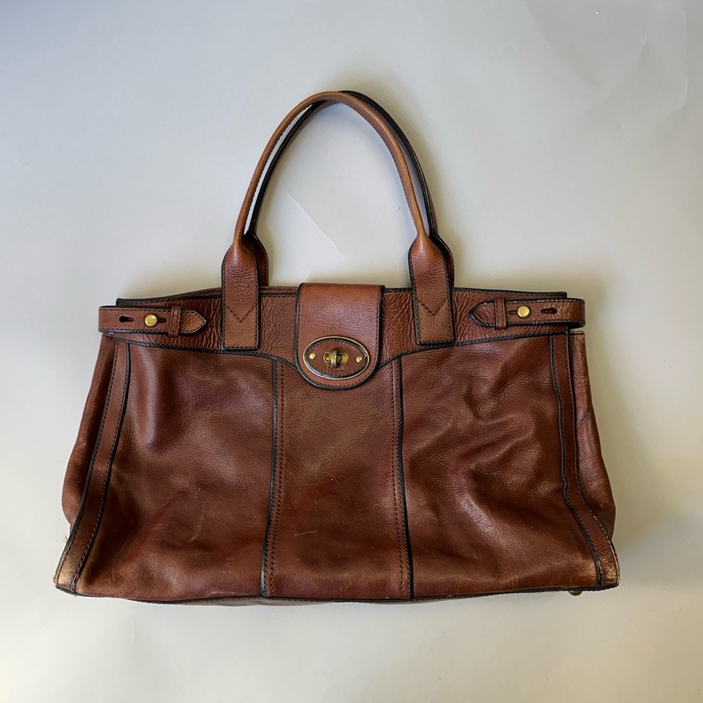 Fossil large leather weekender tote bag dark brown
